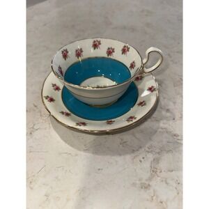 Aynsley Bone China England Cup Saucer Turquoise Band Roses Gold Trim VTG‎ 1940s